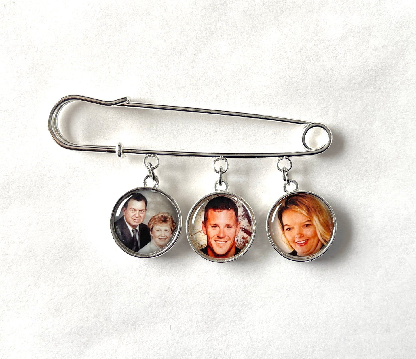 Custom order for Francisco - silver photo Lapel Pin with 3 dbl charms