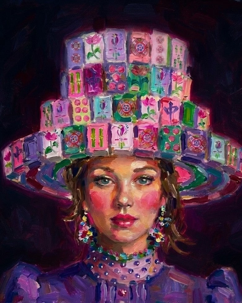 Mahjong necklace of girl wearing hat of Mahjong tiles