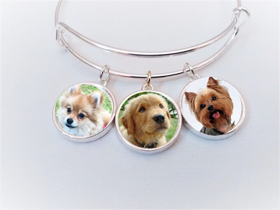 Dog Bracelet- Dog ( or any) Photo Charm Bracelet - Silver Dog Charm stack bracelet - Custom Pet picture bangle