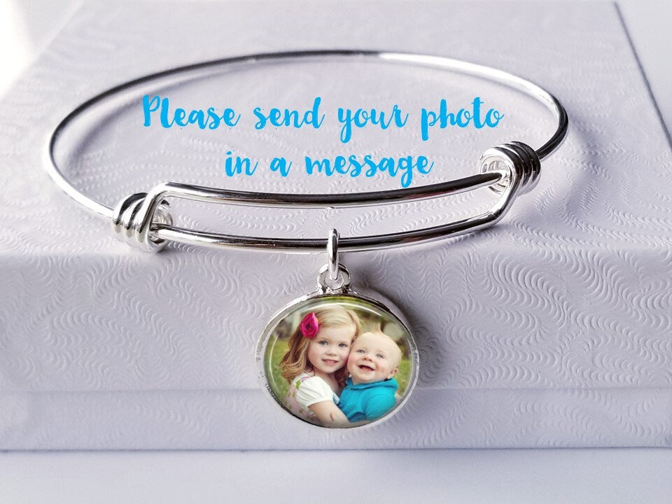 Dog Bracelet- Dog ( or any) Photo Charm Bracelet - Silver Dog Charm stack bracelet - Custom Pet picture bangle