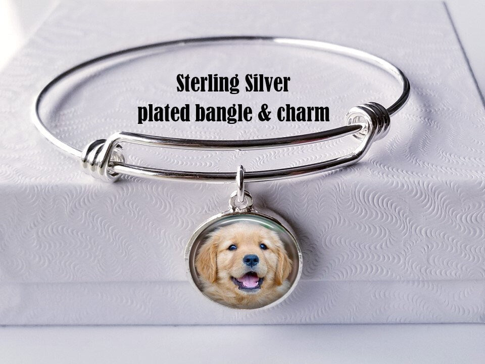 Dog Bracelet- Dog ( or any) Photo Charm Bracelet - Silver Dog Charm stack bracelet - Custom Pet picture bangle
