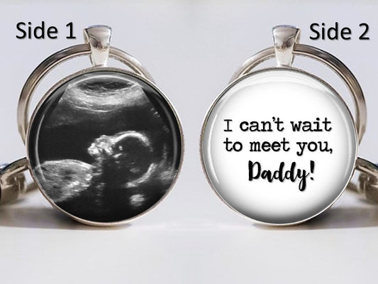Ultrasound Keychain  - Can't wait to meet you Daddy- Custom Baby Ultrasound Sonogram photo double sided Keyring Sterling Silver plated