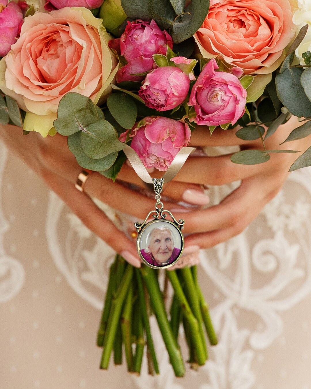  Memory Photo Charms For Wedding Bouquet In Remembrance of  Parents Mom and Dad You Walk Beside Me Vintage Bronze Cream Glass Jewelry  White Bead 2 Frames Ties to Bride's Flowers DIY