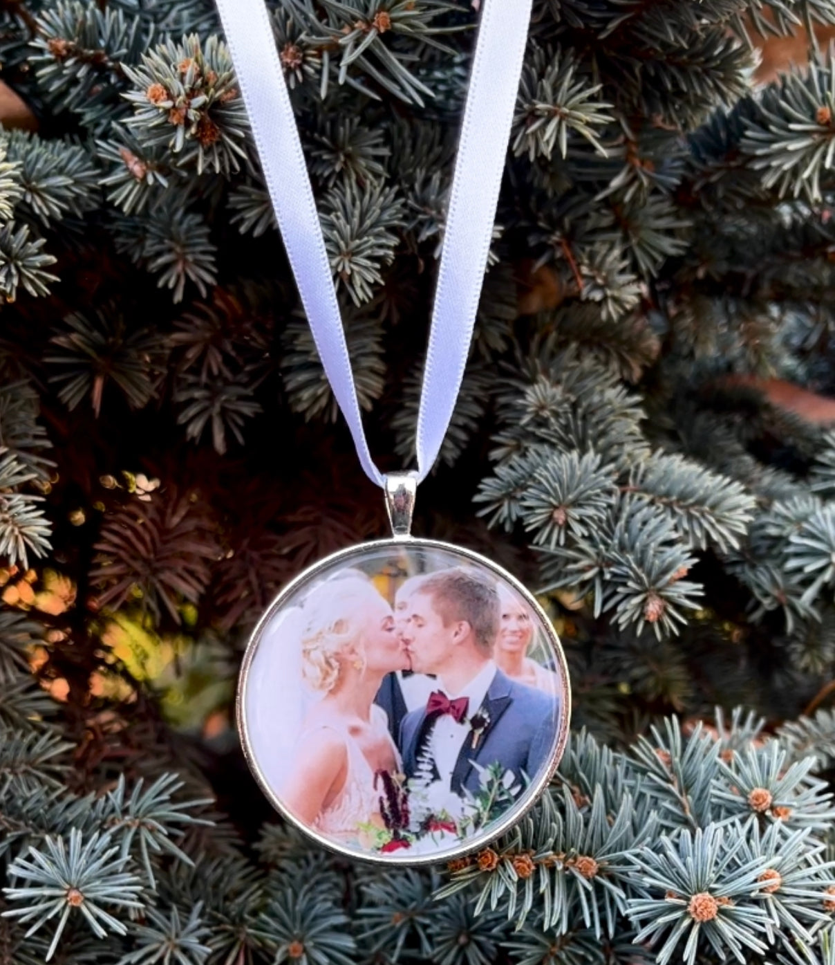 Photo Ornament - ANY picture! with wreath border- 2 inch Sterling Silver plated Personalized Picture Ornament