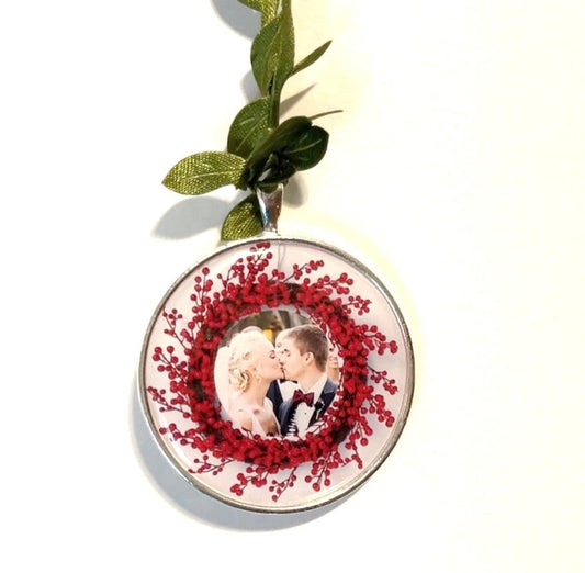 Wedding Photo Ornament - ANY picture! with wreath border- 2 inch Sterling Silver plated Personalized Picture Ornament