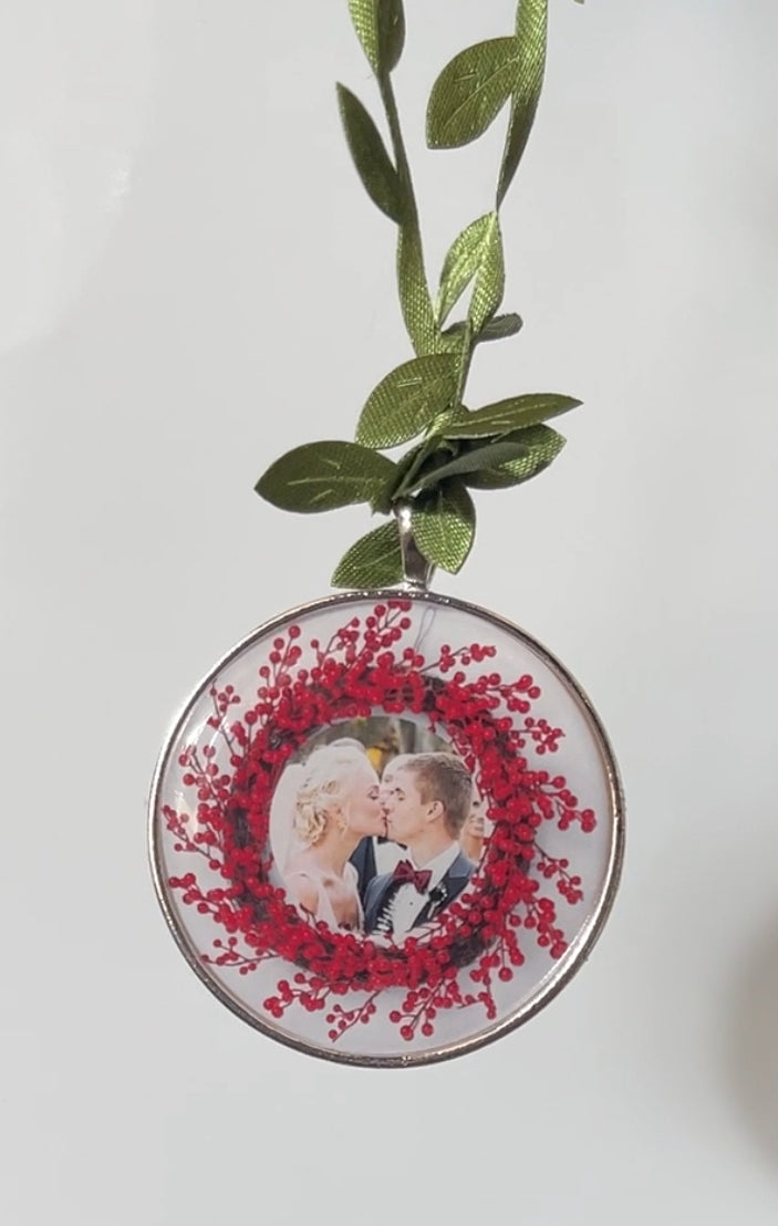 Photo Ornament - ANY picture! with wreath border- 2 inch Sterling Silver plated Personalized Picture Ornament