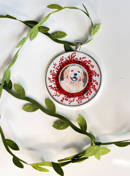 Photo Ornament - ANY picture! with wreath border- 2 inch Sterling Silver plated Personalized Picture Ornament