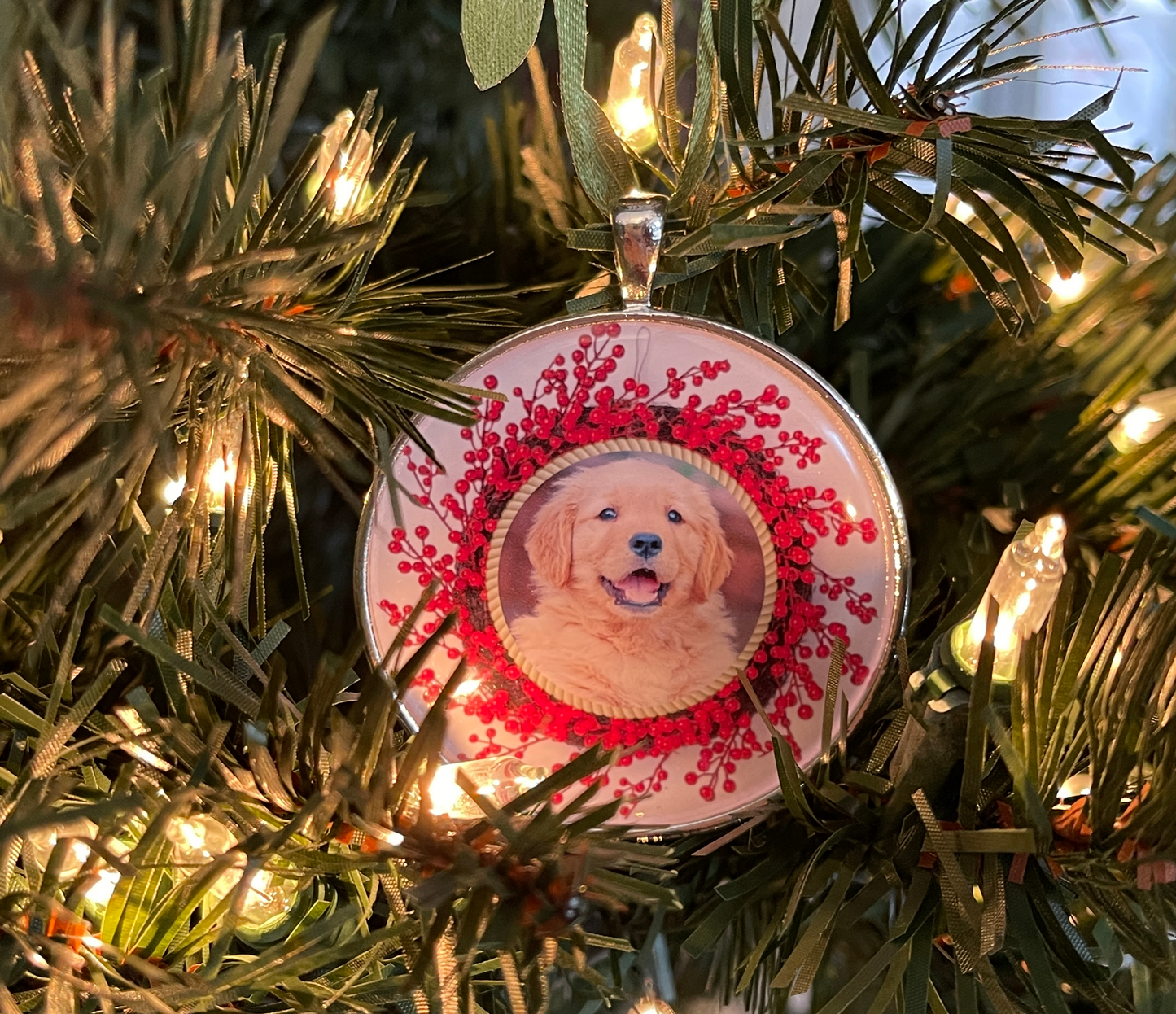 Photo Ornament - ANY picture! with wreath border- 2 inch Sterling Silver plated Personalized Picture Ornament