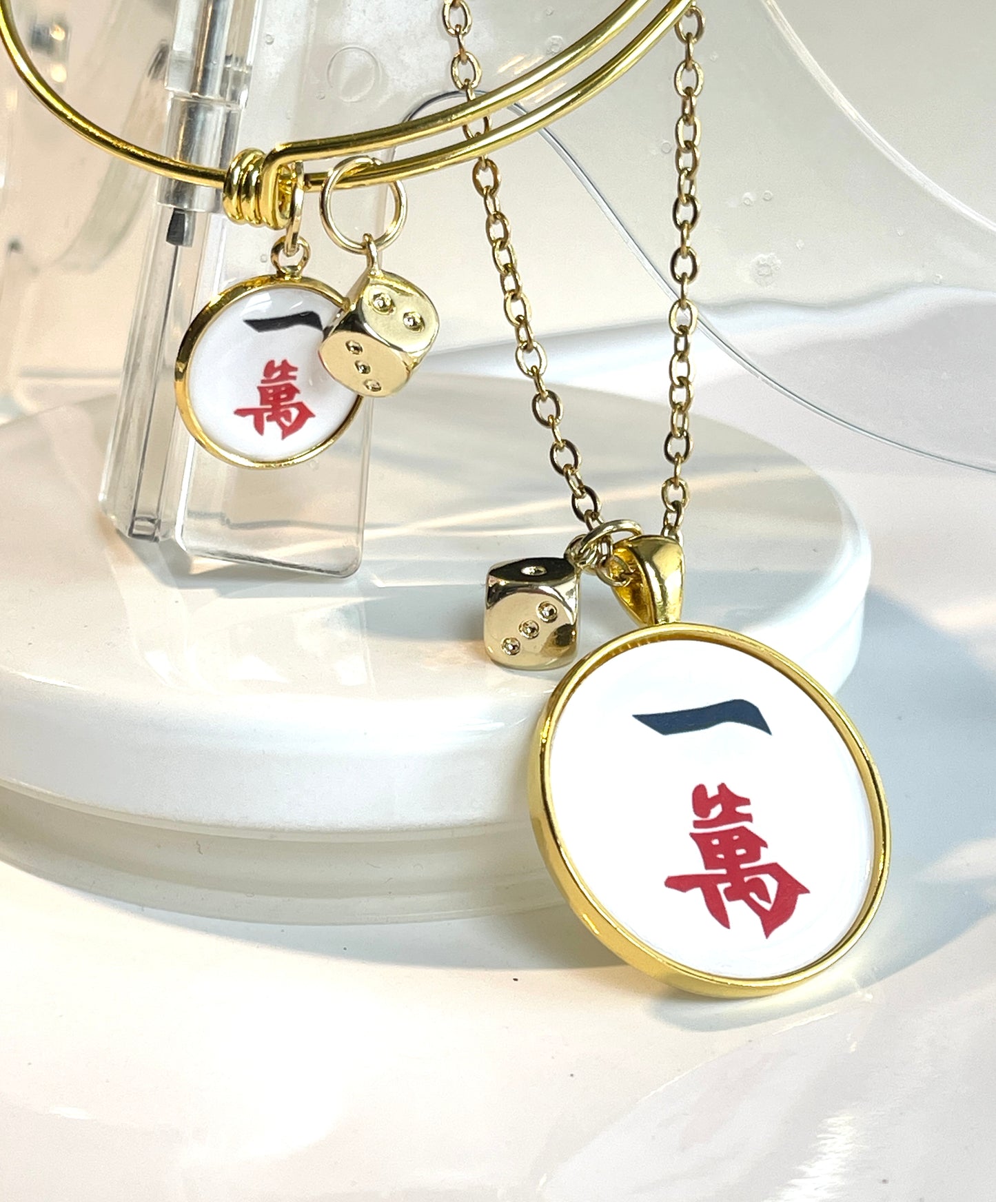 Gold Mahjong necklace one crack tile