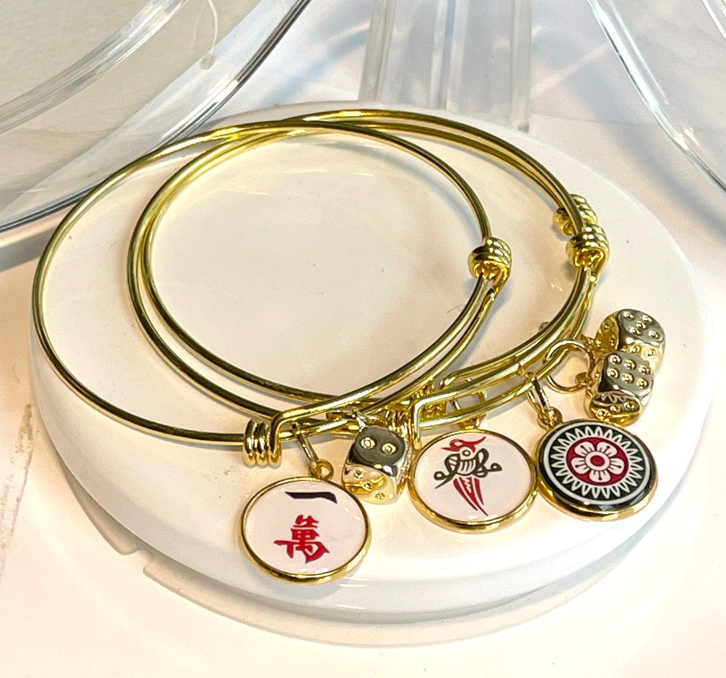Mahjong gold Bangle Bracelets choose 1 Dot, 1 Crack, Bird Bam charms with gold dice