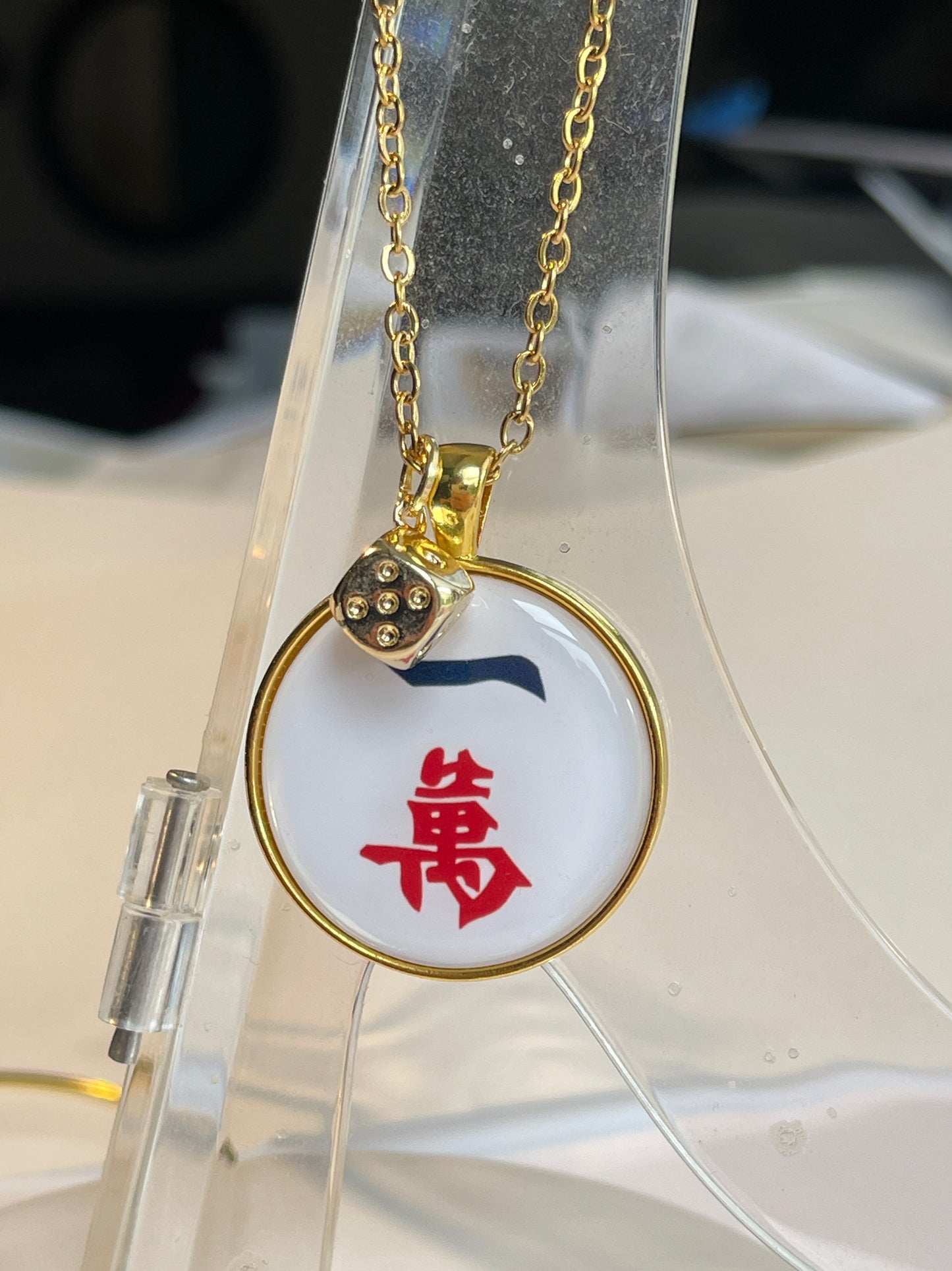 Gold Mahjong necklace one crack tile