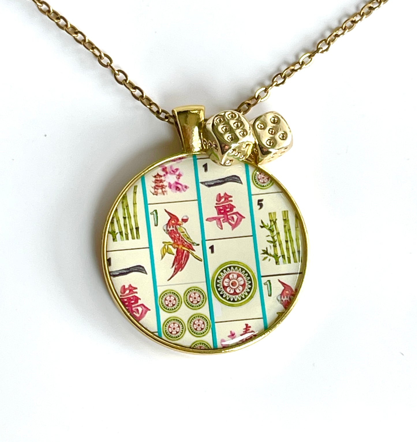 Mahjong Necklace and earring set gold collage of one dot bird bam crack