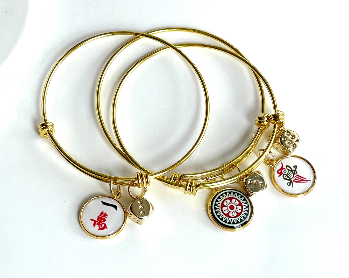 Mahjong gold Bangle Bracelets choose 1 Dot, 1 Crack, Bird Bam charms with gold dice