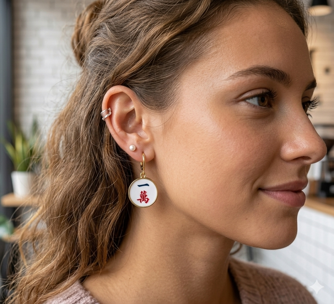 Mahjong Earrings Choose gold Dot, Crack and Bird Bam