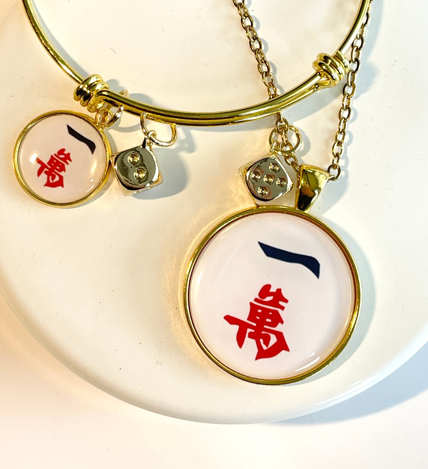 Gold Mahjong necklace one crack tile