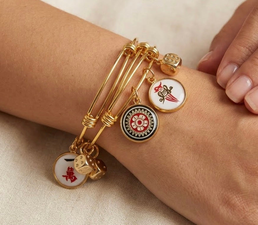 Mahjong gold Bangle Bracelets choose 1 Dot, 1 Crack, Bird Bam charms with gold dice