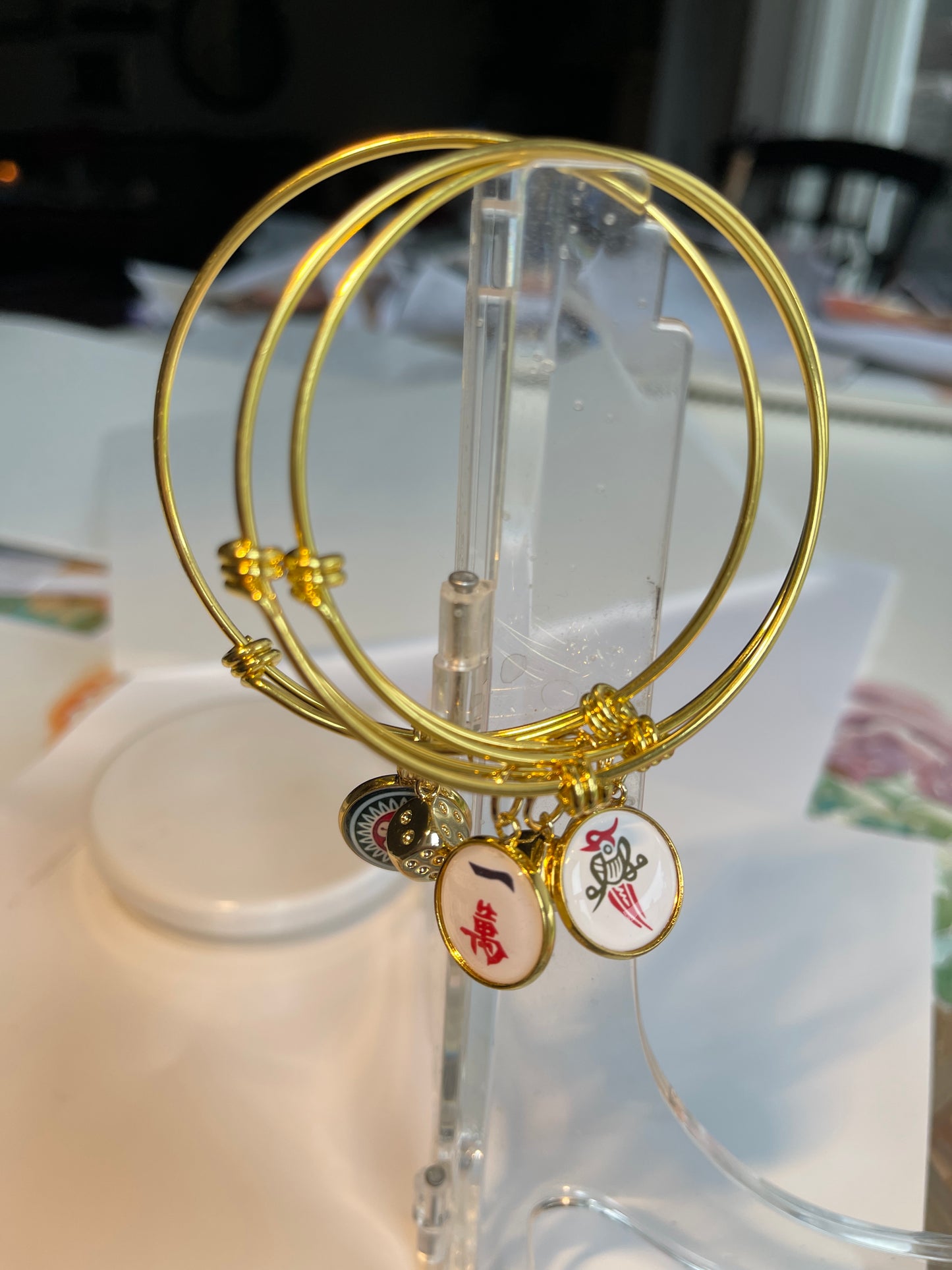 Mahjong gold Bangle Bracelets choose 1 Dot, 1 Crack, Bird Bam charms with gold dice
