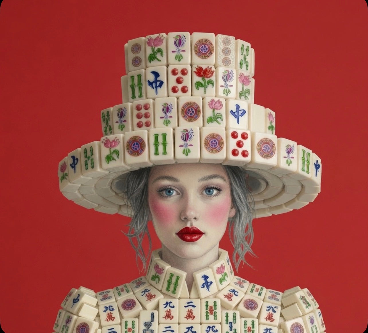 Print of Girl wearing hat of Mahjong tiles