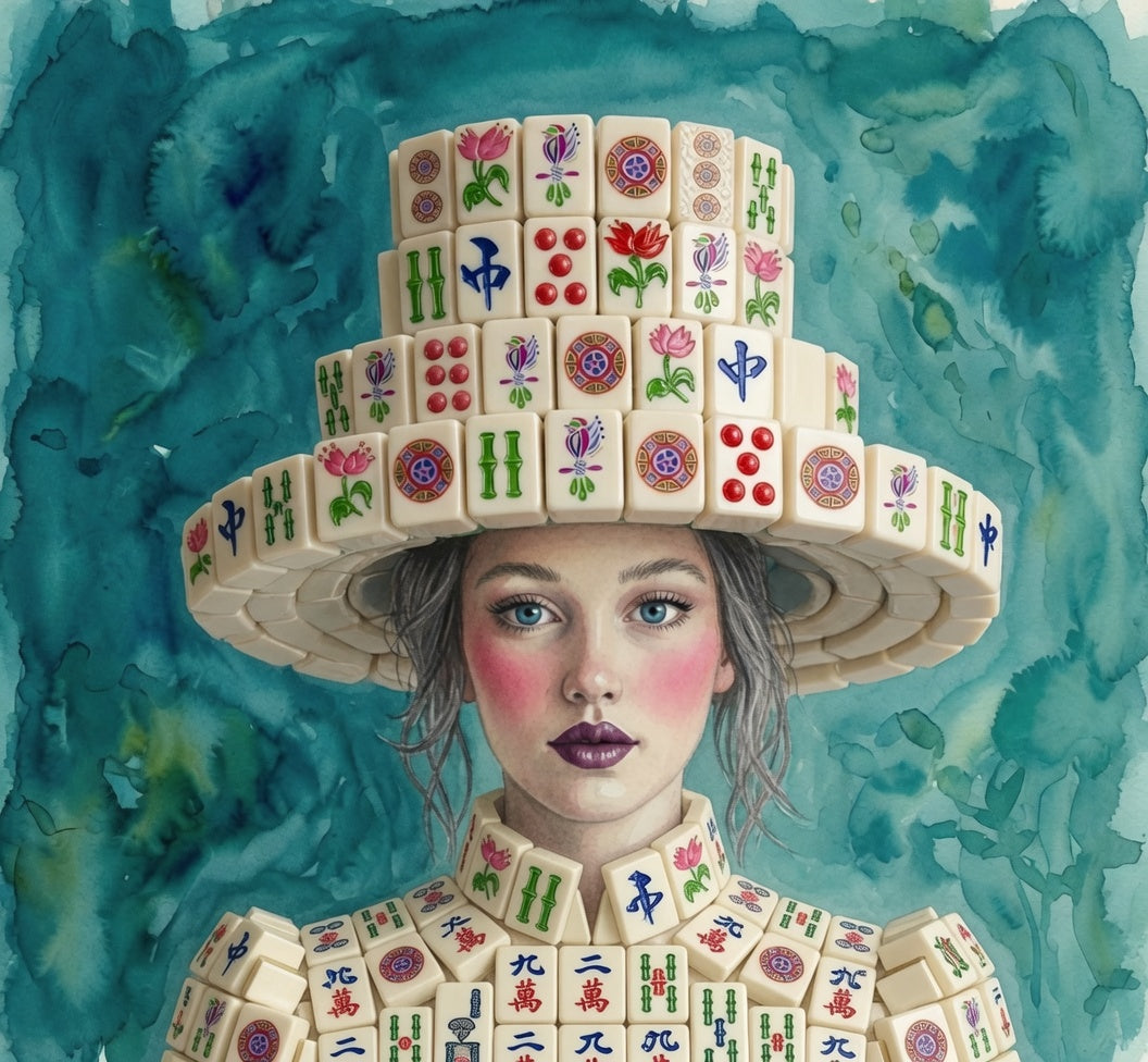 Print of Girl wearing hat of Mahjong tiles