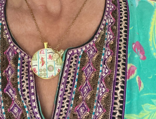 Mahjong Necklace and earring set gold includes one dot and bird bam