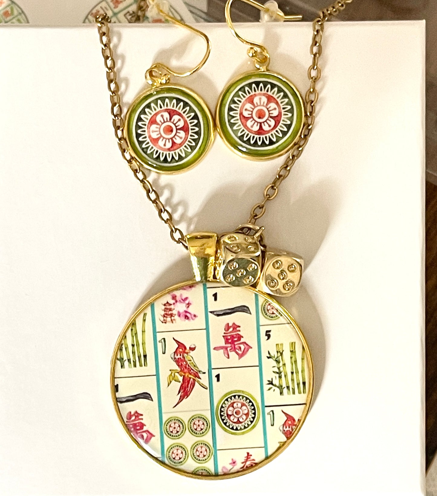 Mahjong Necklace and earring set gold includes one dot and bird bam