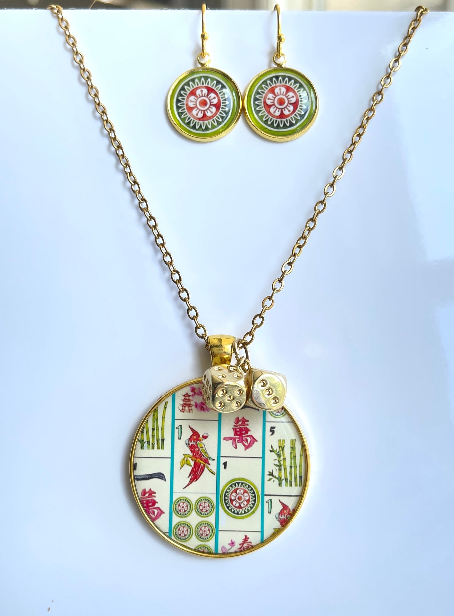Mahjong Necklace and earring set gold includes one dot and bird bam