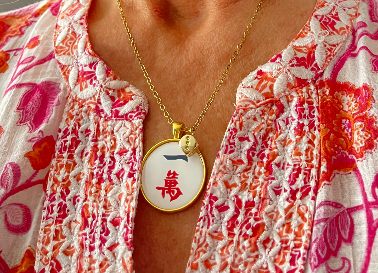 Gold Mahjong necklace one crack tile