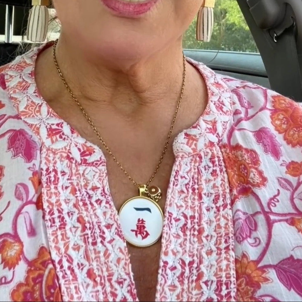 Gold Mahjong necklace one crack tile