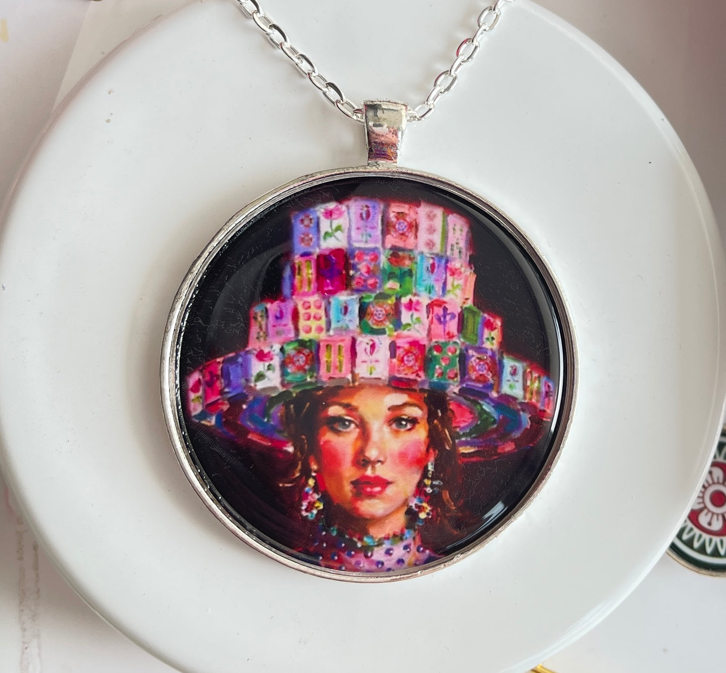 Mahjong necklace of girl wearing hat of Mahjong tiles