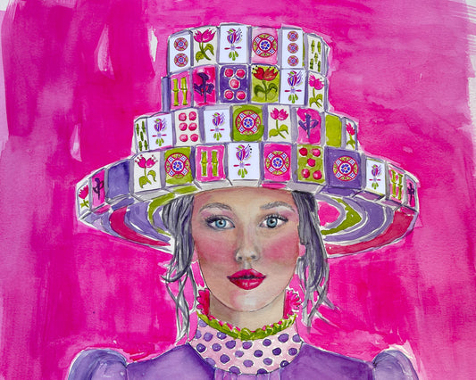 Print of Girl wearing hat of Mahjong tiles