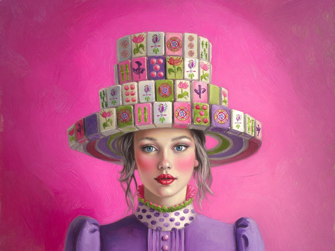Print of Girl wearing hat of Mahjong tiles