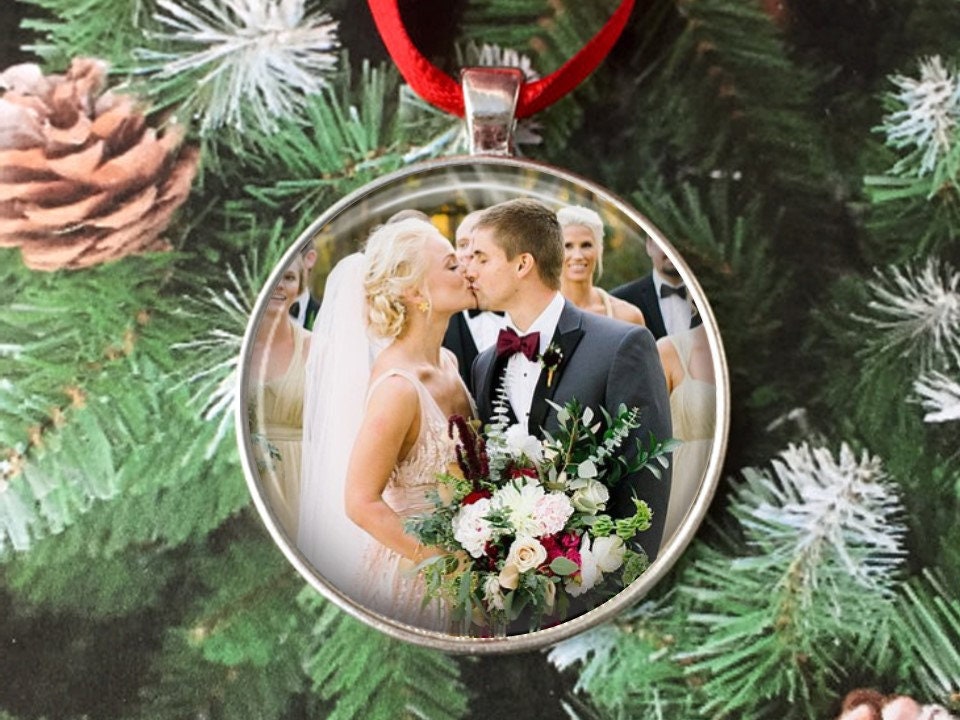Wedding Photo Ornament - ANY picture! with wreath border- 2 inch Sterling Silver plated Personalized Picture Ornament