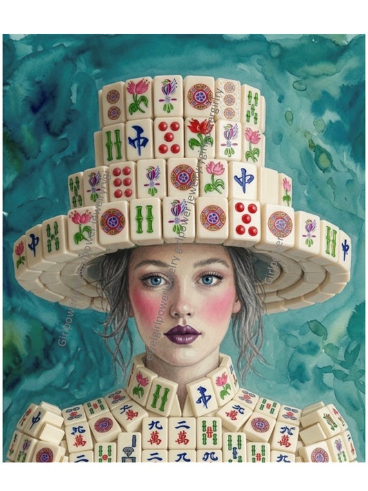 Print of Girl wearing hat of Mahjong tiles