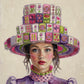 A stylized portrait painting of a woman wearing an oversized wide-brimmed hat made of colorful mahjong tiles and a purple dress against a textured cream background.