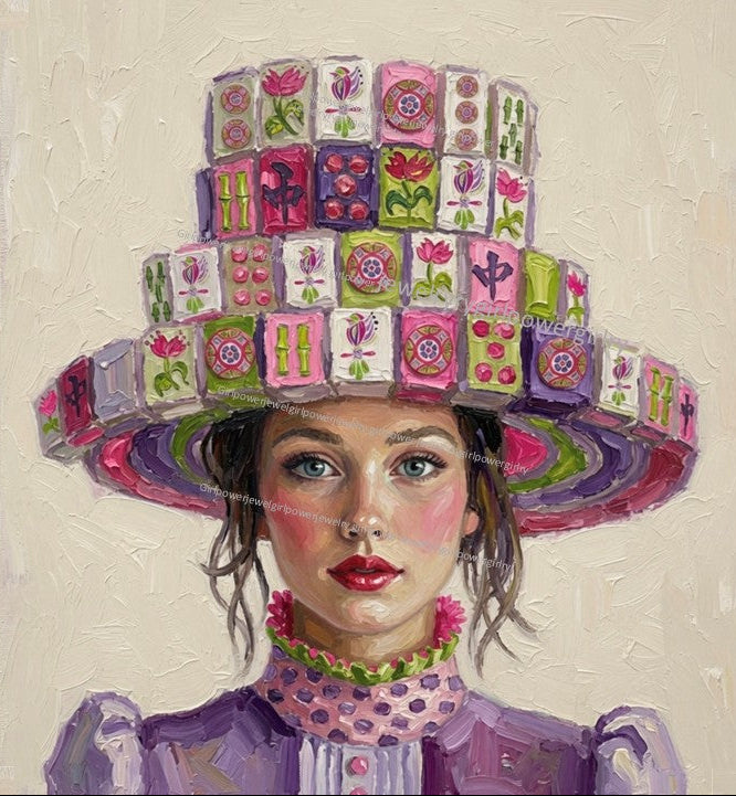 A stylized portrait painting of a woman wearing an oversized wide-brimmed hat made of colorful mahjong tiles and a purple dress against a textured cream background.