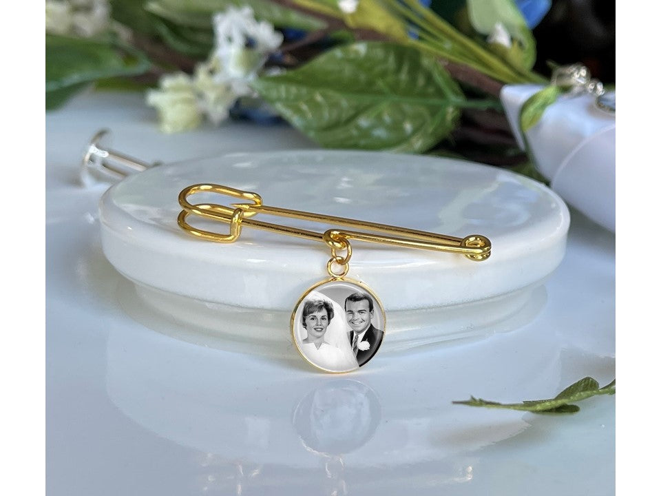 Gold Groom Memorial Pin with photos
