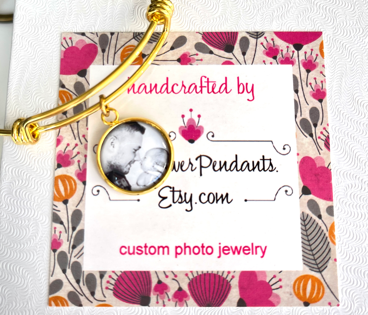 Gold Photo Charm Bangle Stack bracelet with picture charm