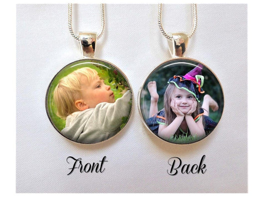Picture Necklace  - Custom Children Photo Pendant - Double Sided Photo Charm Silver or Bronze