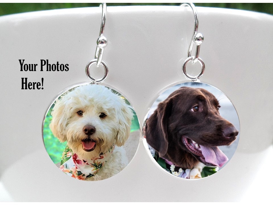 Dog Earrings - Custom Pet picture Earrings - Valentine Gift for little girls, daughter, mom - send 1 or pet 2 photos in a message