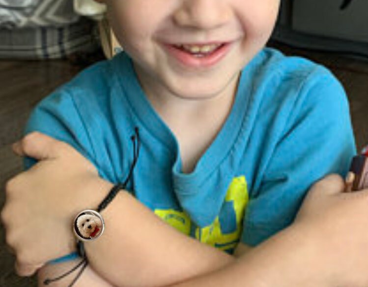 Back to school bracelet with picture of family or pets for kids with separation anxiety option on back for personalized message.