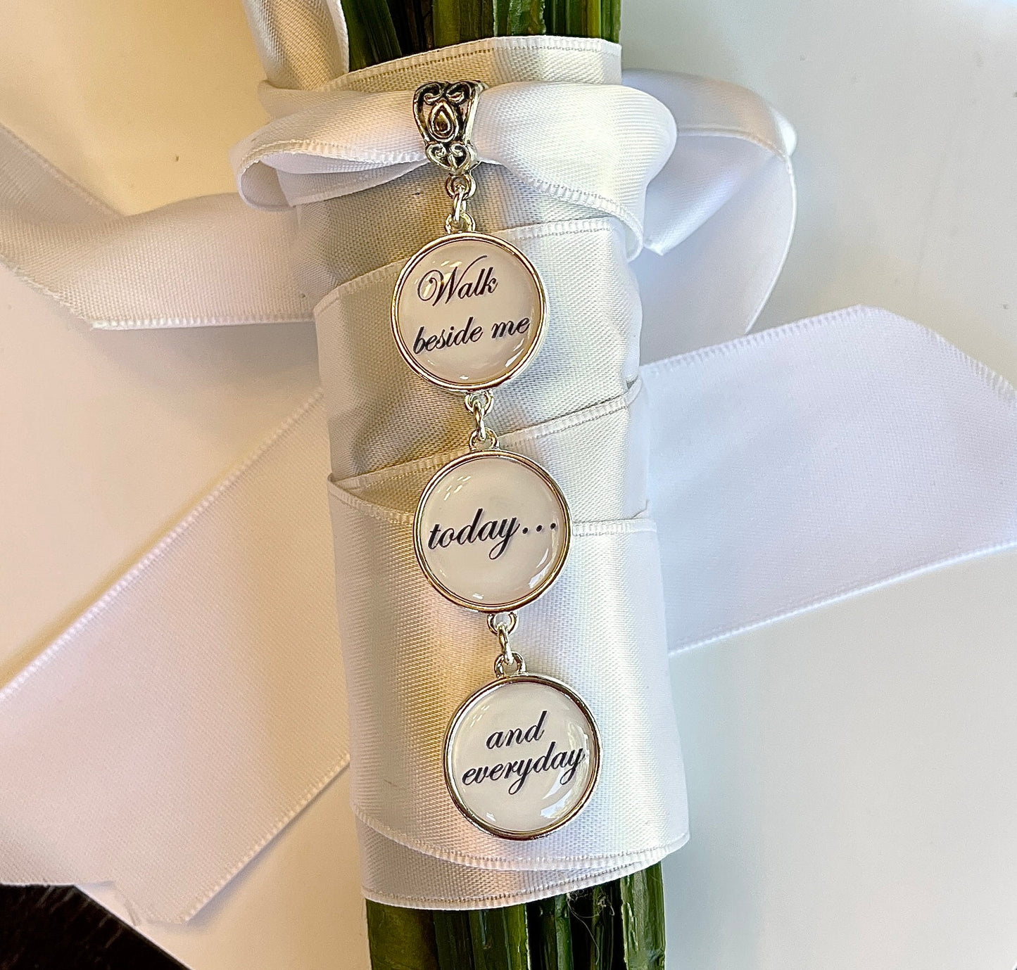 Bridal Bouquet photo Charm dangle set with sample words on back