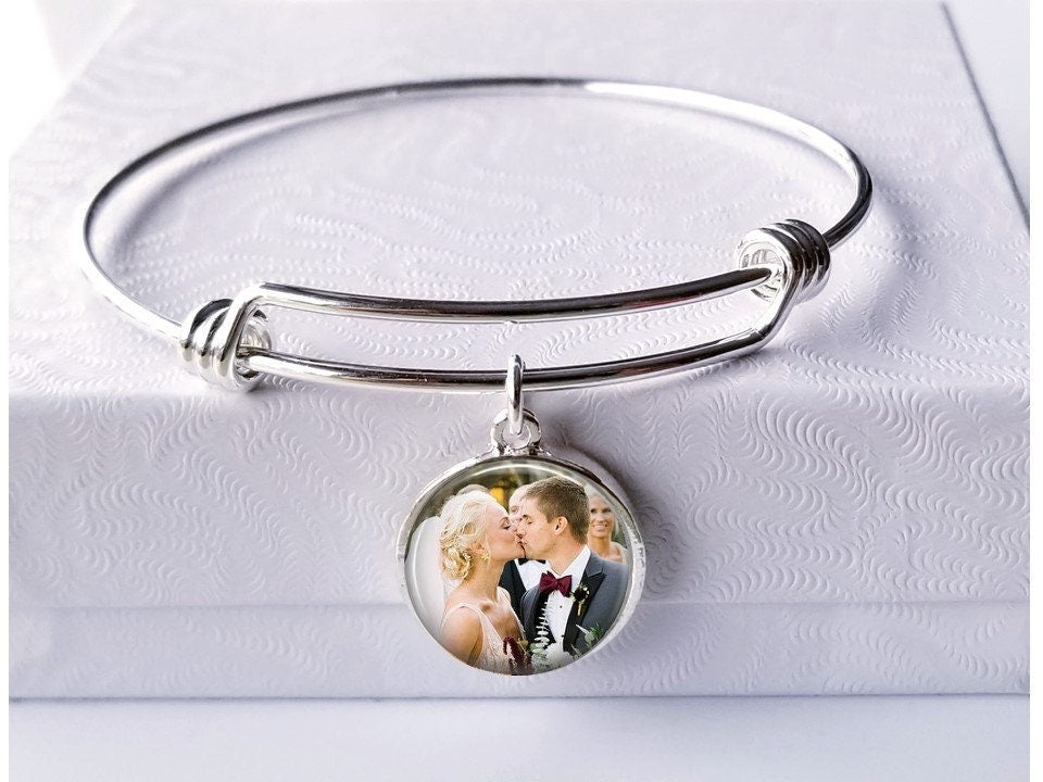 Wedding Photo Charm Bangle Stack Bracelet -Custom Bridal picture (or any) picture charm Gift from husband to wife