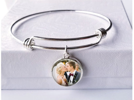 Wedding Photo Charm Bangle Stack Bracelet -Custom Bridal picture (or any) picture charm Gift from husband to wife